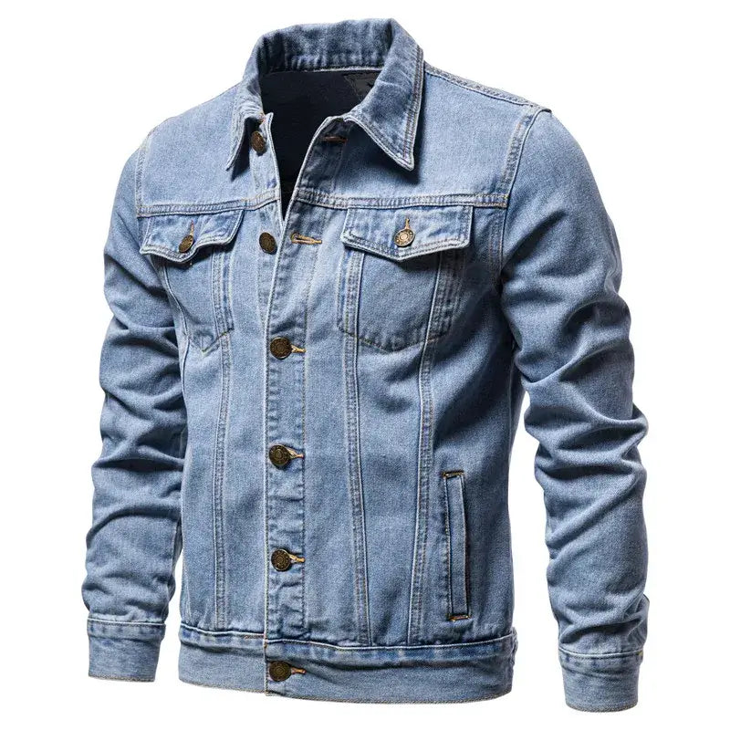 Stylish Denim Jacket for Men in light blue, perfect for casual spring and autumn wear.