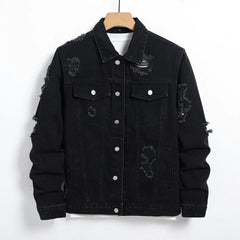 Men's Denim Jacket - Black Regular Jacket, Street Fashion with Rips, Suitable for Daily Casual Outings