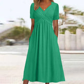 Women Summer Short-sleeve Dress Solid Color Maxi Dress Casual Beach Twist Front V Neck Pleated A Line Pockets Mid Long Dress
