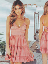 Women's Flirty Sundress Sexy Low Back Lace Embroidery Tiered Ruffle Hem A-Line Short Beach Dress for Summer Vacation White Pink