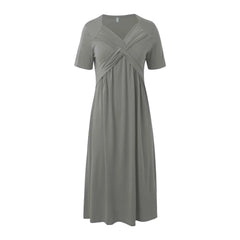 Women A Line Pleated Maxi Dress Summer Solid Color Plus Size Ruffles Long Dresses 2024 New Short Sleeve Holiday Sundress Robe