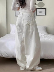 Loose Women's Denim Jeans Ba ket  Knot Design Spring New Sle Casual High Waist Wide Leg Pants Pure Color