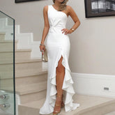Elegant One Shoulder Ruched Prom Dresses Women Ruffle Waisted Formal Evening Dress Slim White Dress Female Formal Dress платье