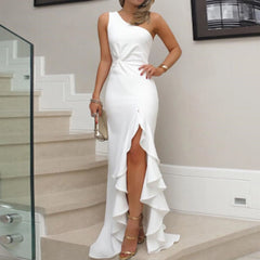 Elegant One Shoulder Ruched Prom Dresses Women Ruffle Waisted Formal Evening Dress Slim White Dress Female Formal Dress платье