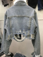 Womens Denim Jacket 2024 Spring Summer New in Heavy Industry Rivet Studded Jean Jacket Women Worn Nail Bead Jean Jacket Top