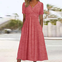 Women Summer Short-sleeve Dress Solid Color Maxi Dress Casual Beach Twist Front V Neck Pleated A Line Pockets Mid Long Dress