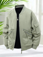 Bomber Jacket for Men Spring Autumn Lightweight V-neck Casual Jacket Streetwear with Sleeve Pocket Stylish Men Daily Wear Coats