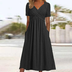 Women Summer Short-sleeve Dress Solid Color Maxi Dress Casual Beach Twist Front V Neck Pleated A Line Pockets Mid Long Dress