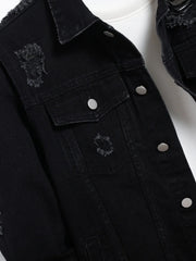 Men's Denim Jacket - Black Regular Jacket, Street Fashion with Rips, Suitable for Daily Casual Outings
