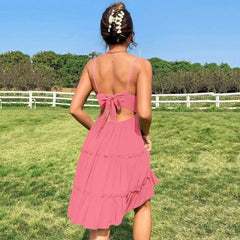 Women Summer Lace Short Dresses Casual V Neck Boho Ruffle Sleeveless A Line Beach Sun Dress Backless Sexy Dresses For Women