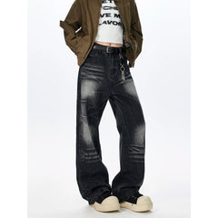 Mens Loose Fit Straight Leg Floor Length Jeans Lightning Wash Pattern Denim Pants Casual Streetwear Fashion Trendy Comfortable