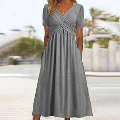 Women Summer Short-sleeve Dress Solid Color Maxi Dress Casual Beach Twist Front V Neck Pleated A Line Pockets Mid Long Dress