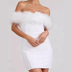 European and American Fashion New Women's Clothing, Strapless Hip Skirt, Celebrity Feather Party Dress