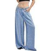 2025 Summer Women's Low Waist Wide-Leg Loose Viscose Denim Jeans Casual Pants With Pockets Smooth Blue Washed Outdoor Trousers