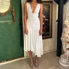 hirigin Elegant Women's Tank Dress Stylish Dot Print Pleated Waist Sleeveless V Neck A Line Dress for Summer Party Club