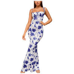 Summer Bodycon Maxi Dresses For Women Trendy Boho Floral Print Sundress Sleeveless Spaghetti Straps Vacation Beach Long Dress