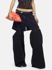 Fashion Women's Denim Pants Loose Waist Zip Hollow Out Solid Color Wide-leg Floor-length Jeans Autumn 2023 New Tide