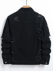Men's Denim Jacket - Black Regular Jacket, Street Fashion with Rips, Suitable for Daily Casual Outings