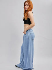 2025 Summer Women's Low Waist Wide-Leg Loose Viscose Denim Jeans Casual Pants With Pockets Smooth Blue Washed Outdoor Trousers