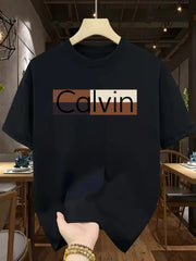 Men's summer 100% pure cotton fashionable casual sports loose Calvin pattern printed round neck short sleeved T-shirt top