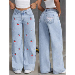 Denim Wide Leg Pants Women Jeans Embroidery High Waist Distressed Washed Pockets Vintage Floor Length Trousers 2025 Streetwear