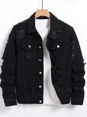 Men's Denim Jacket - Black Regular Jacket, Street Fashion with Rips, Suitable for Daily Casual Outings