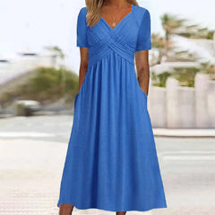 Women Summer Short-sleeve Dress Solid Color Maxi Dress Casual Beach Twist Front V Neck Pleated A Line Pockets Mid Long Dress