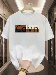 Men's summer 100% pure cotton fashionable casual sports loose Calvin pattern printed round neck short sleeved T-shirt top