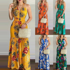 Women Tropical Print Halter Backless Maxi Dress Sexy Sleeveless Deeep V Beach Dress Chic Elegant Ruffles Pleated Dress Vestidos