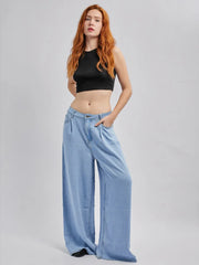 2025 Summer Women's Low Waist Wide-Leg Loose Viscose Denim Jeans Casual Pants With Pockets Smooth Blue Washed Outdoor Trousers