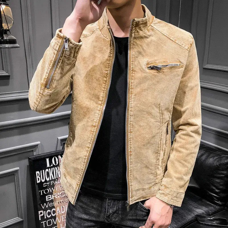 Men's retro yellow denim jacket, perfect for autumn and winter casual wear, featuring zipper closure and pockets.