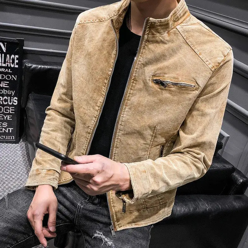 Men's retro yellow denim jacket with zipper, casual thick outerwear for autumn and winter, vintage oversized style.