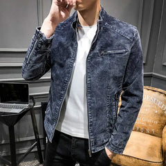 Men's casual denim jacket in dark blue, featuring a zip closure and a stylish stand collar.