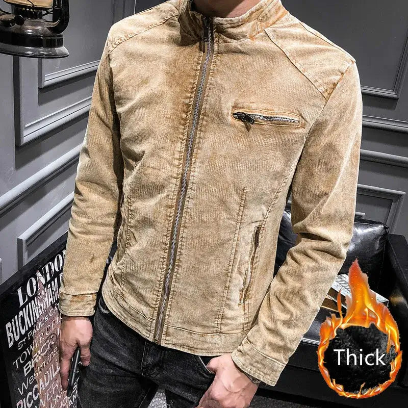 Men's thick casual yellow denim jacket with front zipper and stand collar, perfect for autumn and winter wear.