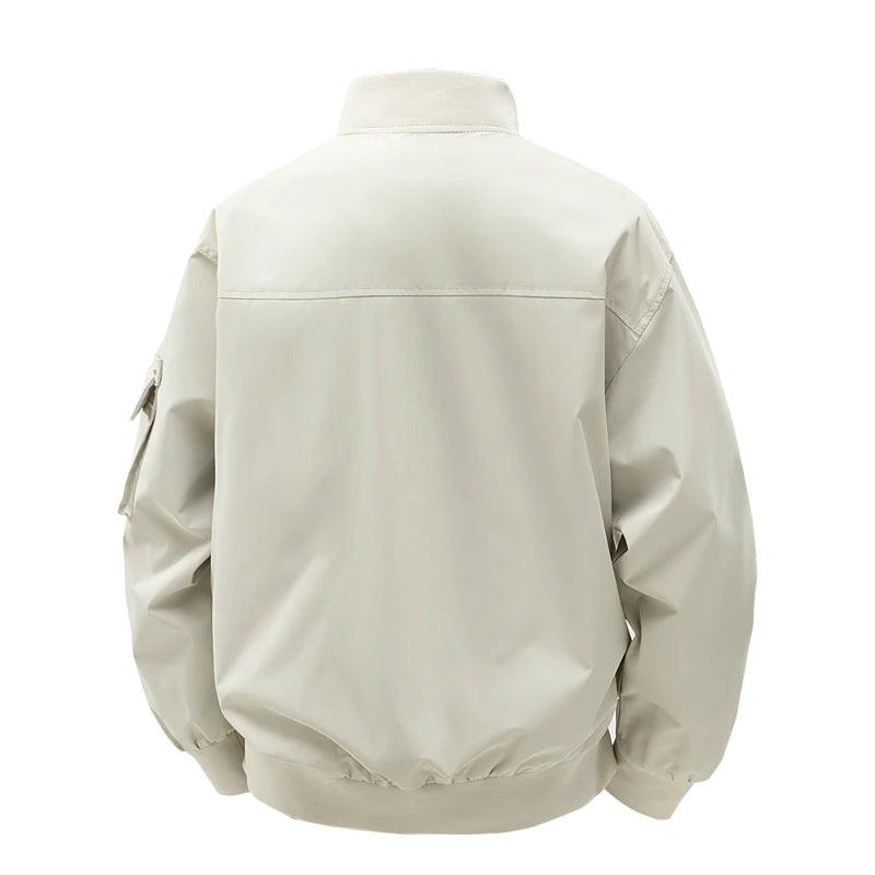Bomber Jacket for Men Spring Autumn Lightweight V-neck Casual Jacket Streetwear with Sleeve Pocket Stylish Men Daily Wear Coats