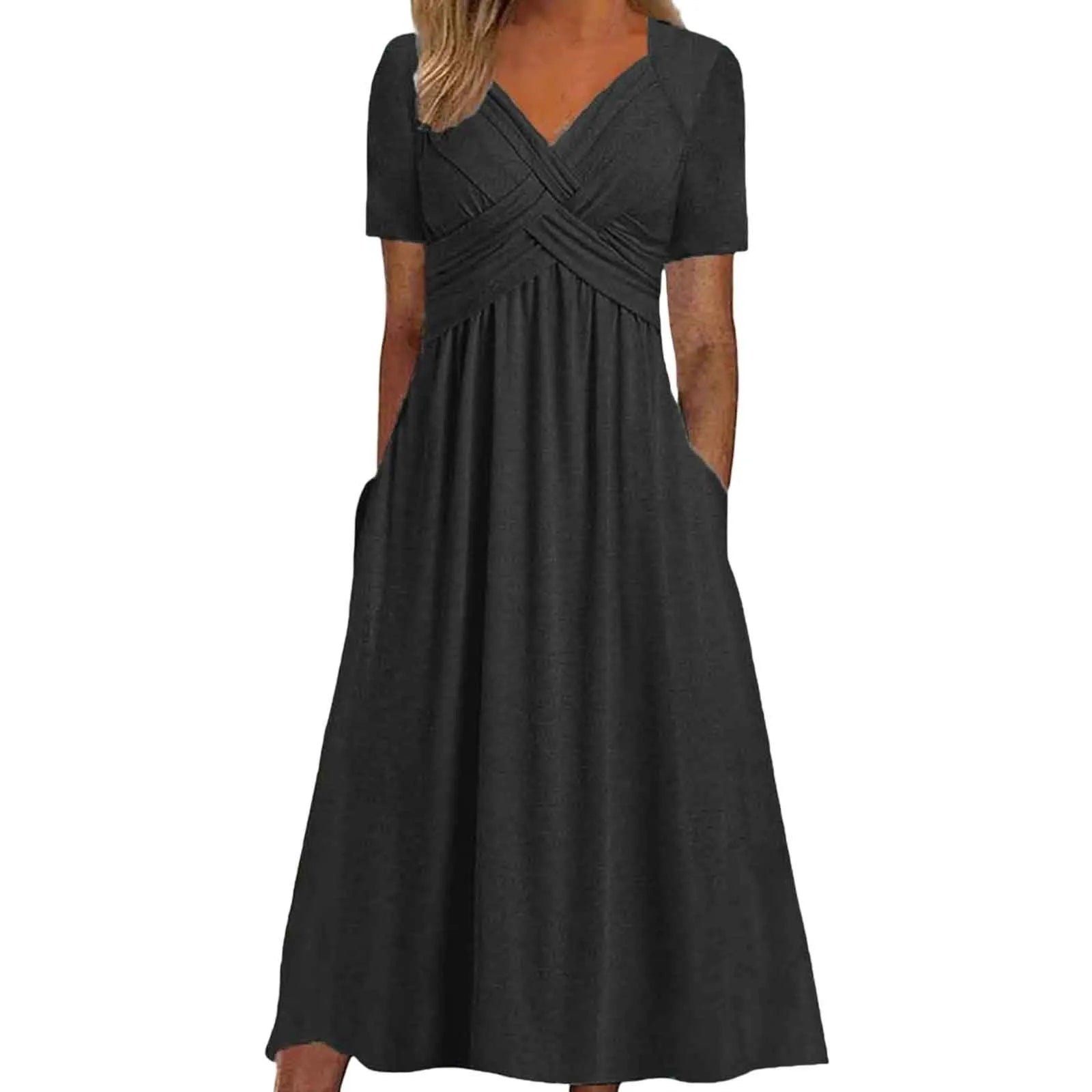 Women A Line Pleated Maxi Dress Summer Solid Color Plus Size Ruffles Long Dresses 2024 New Short Sleeve Holiday Sundress Robe