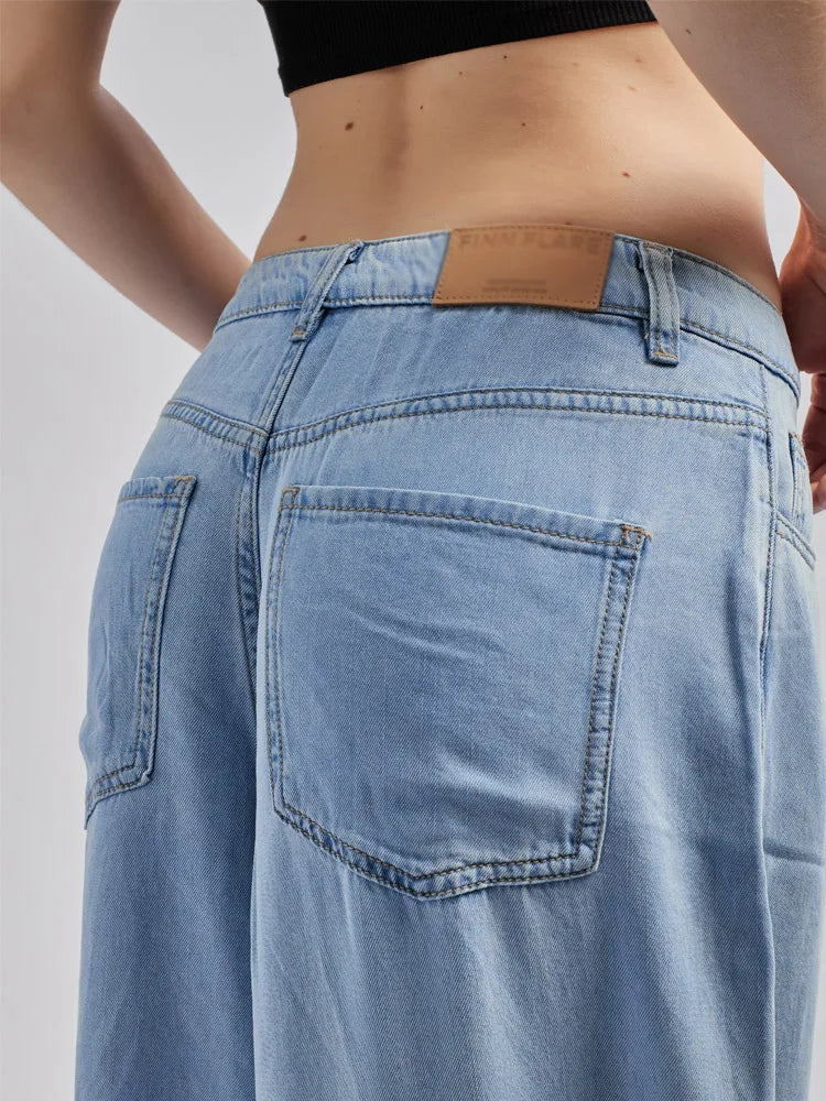 2025 Summer Women's Low Waist Wide-Leg Loose Viscose Denim Jeans Casual Pants With Pockets Smooth Blue Washed Outdoor Trousers