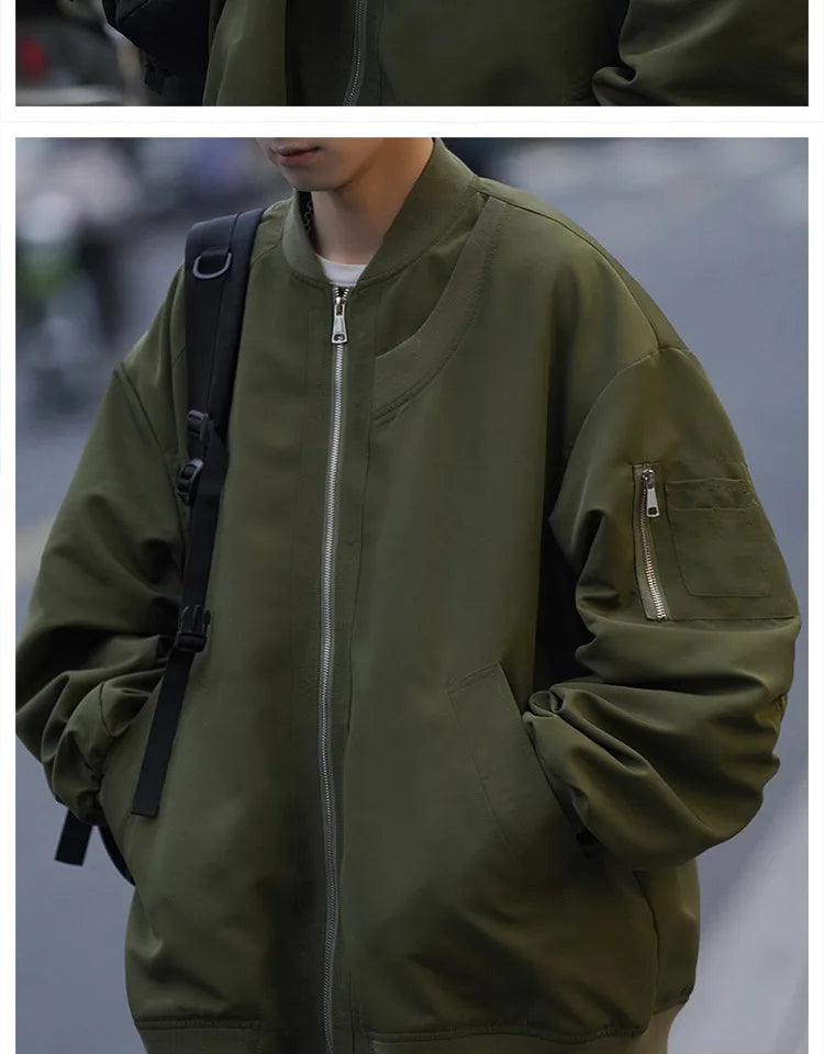 Man Bomber Jacket Oversize Spring Autumn Boys Long Sleeve Stand Collar Baseball Clothes Black Green Retro Coat Plus Size Xxl