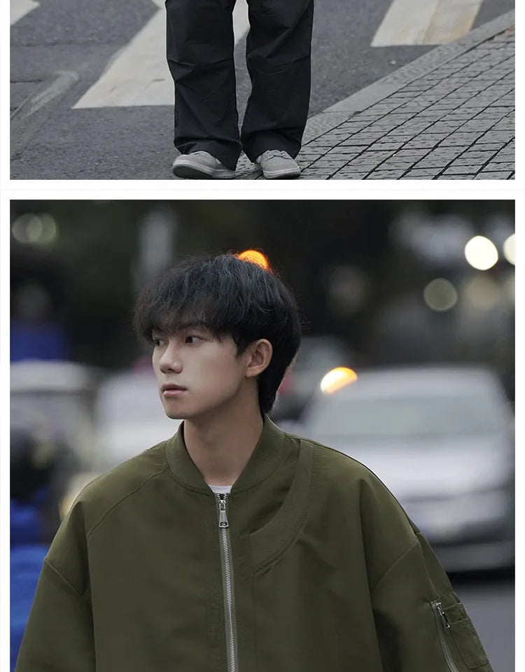 Man Bomber Jacket Oversize Spring Autumn Boys Long Sleeve Stand Collar Baseball Clothes Black Green Retro Coat Plus Size Xxl