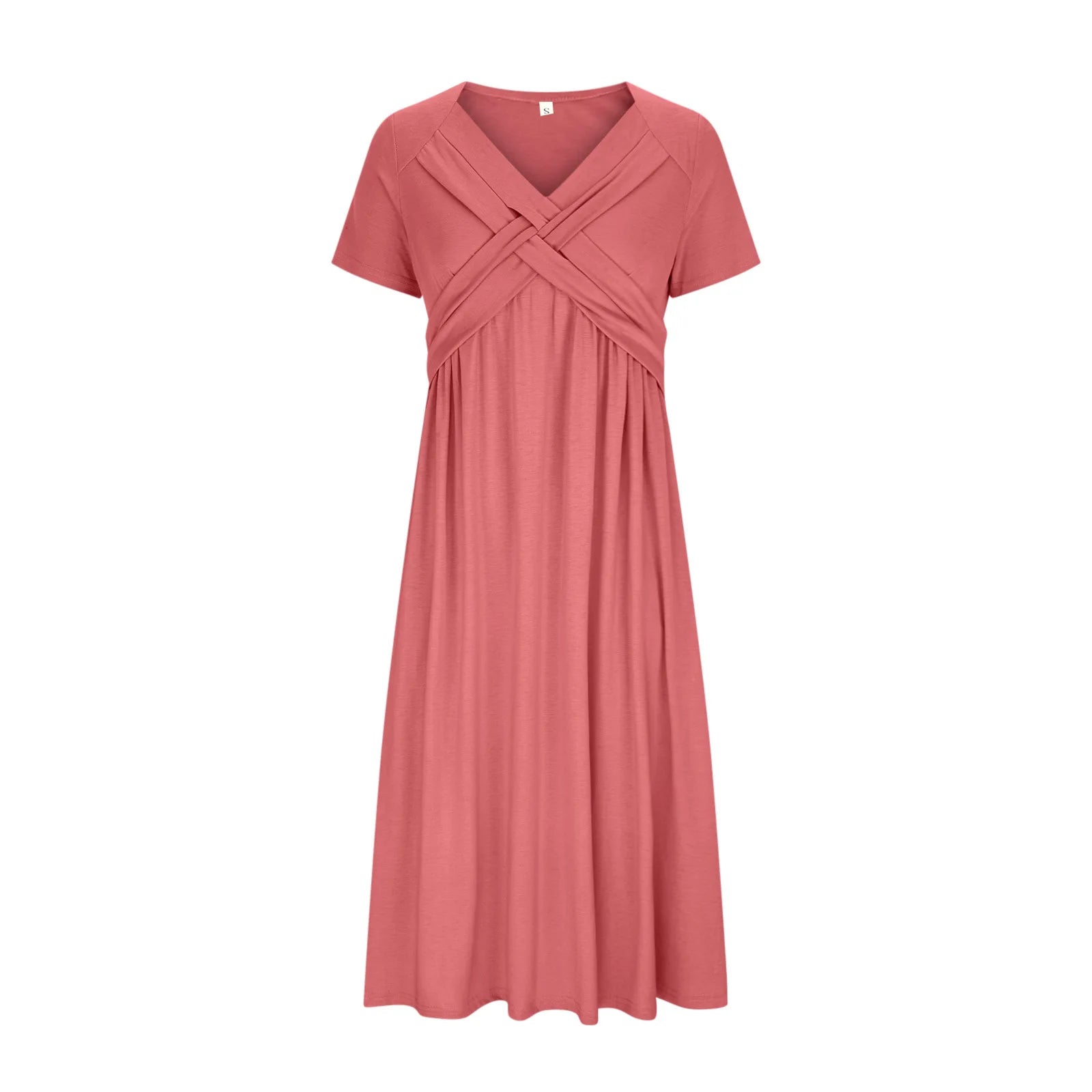 Women Summer Short-sleeve Dress Solid Color Maxi Dress Casual Beach Twist Front V Neck Pleated A Line Pockets Mid Long Dress