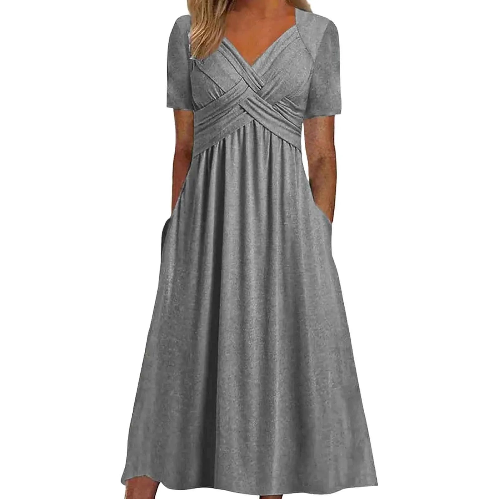 Women A Line Pleated Maxi Dress Summer Solid Color Plus Size Ruffles Long Dresses 2024 New Short Sleeve Holiday Sundress Robe