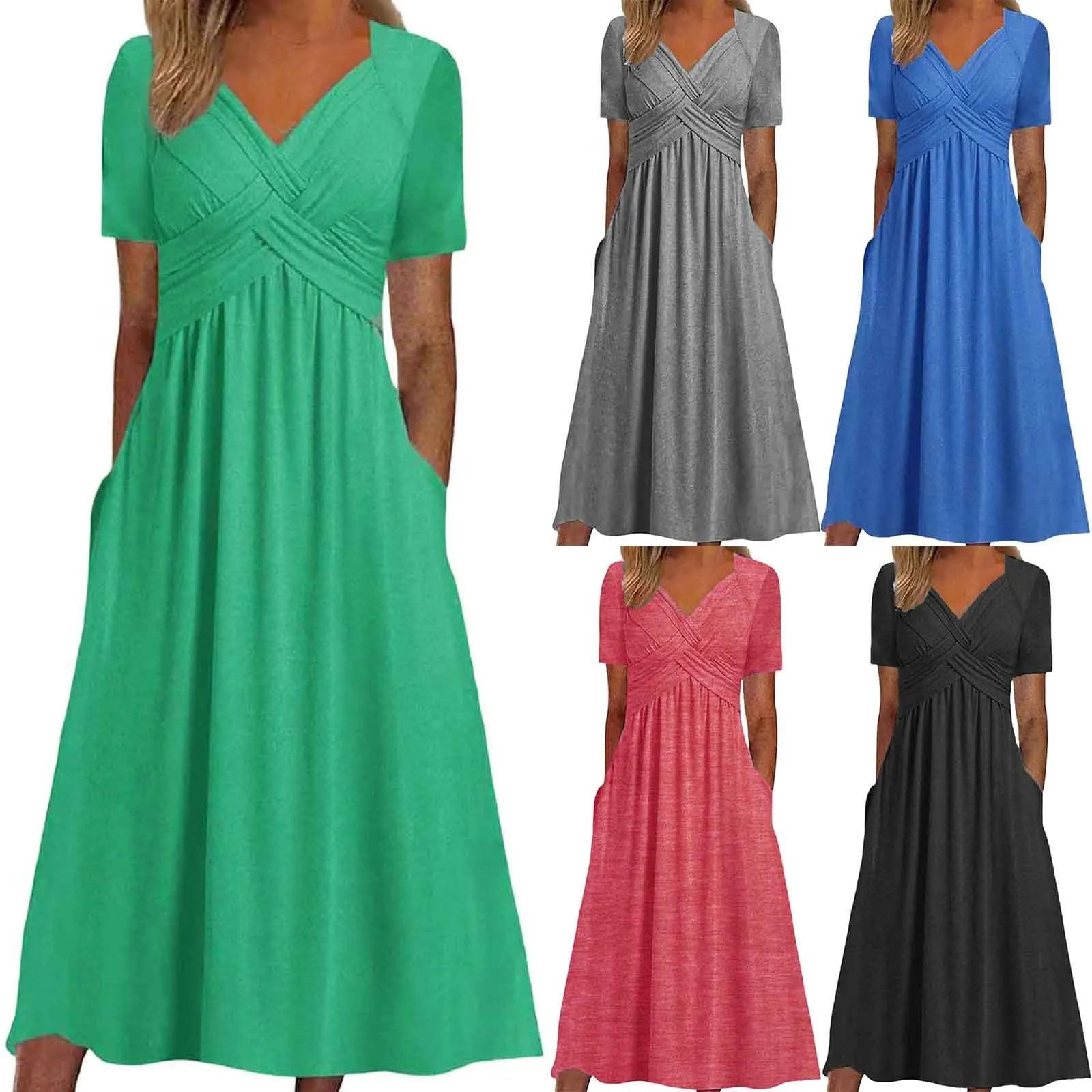 Women A Line Pleated Maxi Dress Summer Solid Color Plus Size Ruffles Long Dresses 2024 New Short Sleeve Holiday Sundress Robe
