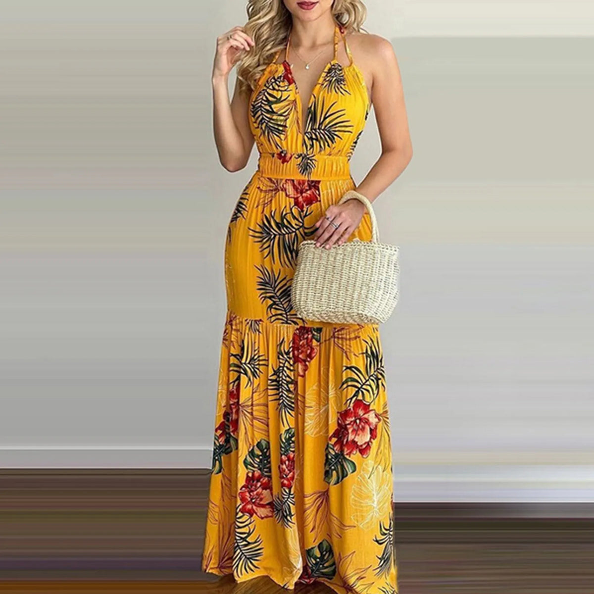 Women Tropical Print Halter Backless Maxi Dress Sexy Sleeveless Deeep V Beach Dress Chic Elegant Ruffles Pleated Dress Vestidos