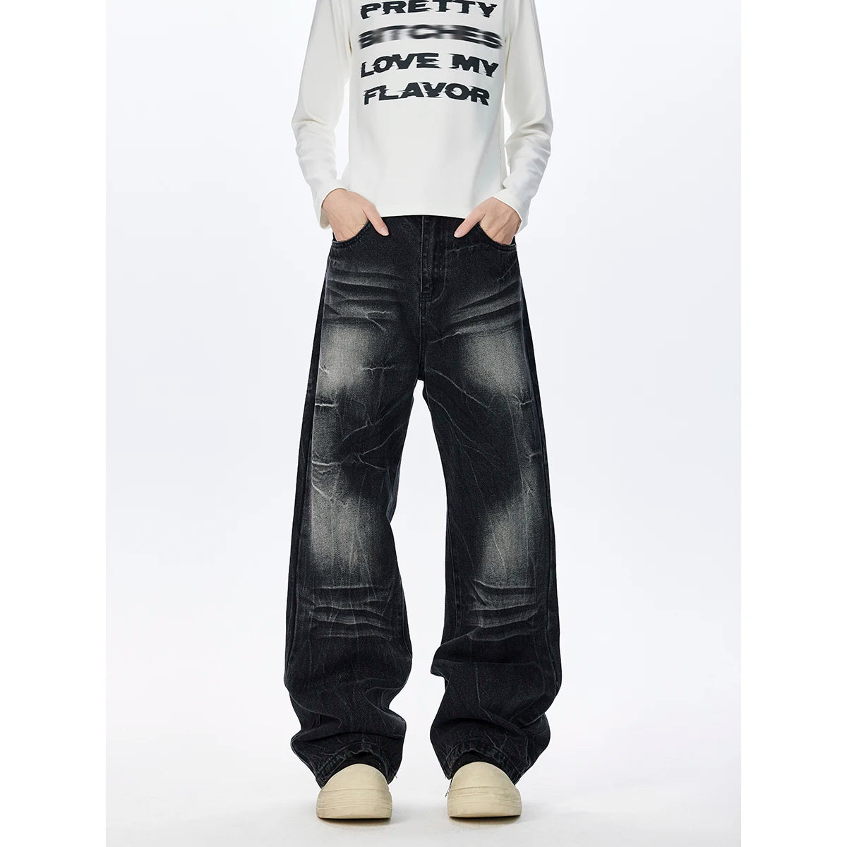 Mens Loose Fit Straight Leg Floor Length Jeans Lightning Wash Pattern Denim Pants Casual Streetwear Fashion Trendy Comfortable