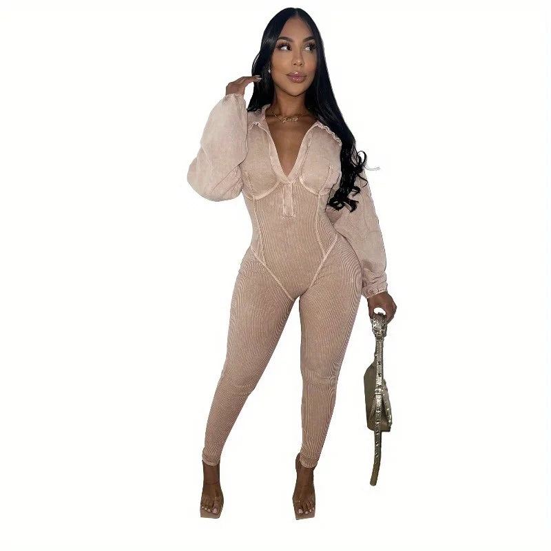 Costumes Accessories European and American Fashion Women's Clothing Washed and Worn Deep V Tight Long-sleeved Autumn  Jumpsuits