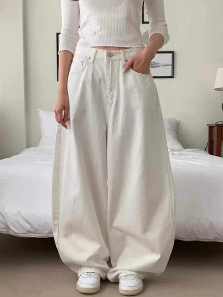 Loose Women's Denim Jeans Ba ket  Knot Design Spring New Sle Casual High Waist Wide Leg Pants Pure Color