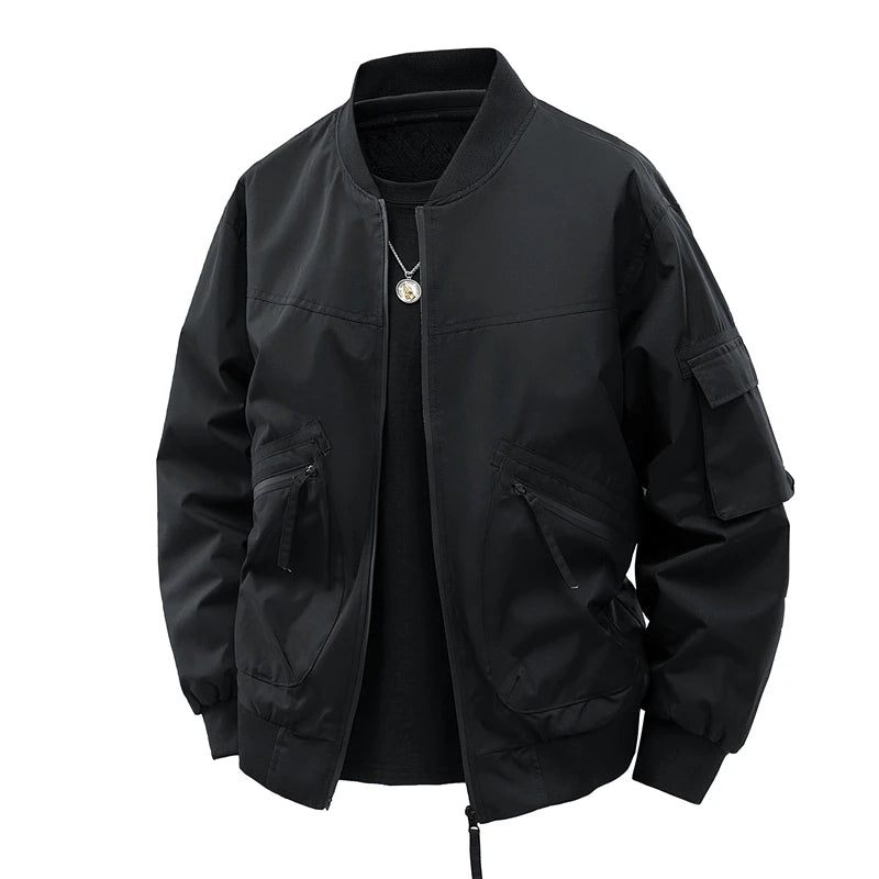 Bomber Jacket for Men Spring Autumn Lightweight V-neck Casual Jacket Streetwear with Sleeve Pocket Stylish Men Daily Wear Coats