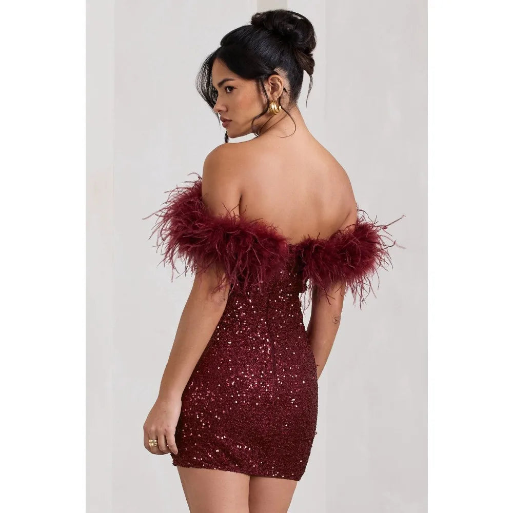 European and American Fashion New Women's Clothing, Strapless Hip Skirt, Celebrity Feather Party Dress