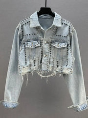 Womens Denim Jacket 2024 Spring Summer New in Heavy Industry Rivet Studded Jean Jacket Women Worn Nail Bead Jean Jacket Top