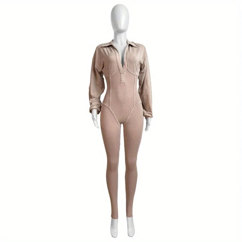 Costumes Accessories European and American Fashion Women's Clothing Washed and Worn Deep V Tight Long-sleeved Autumn  Jumpsuits